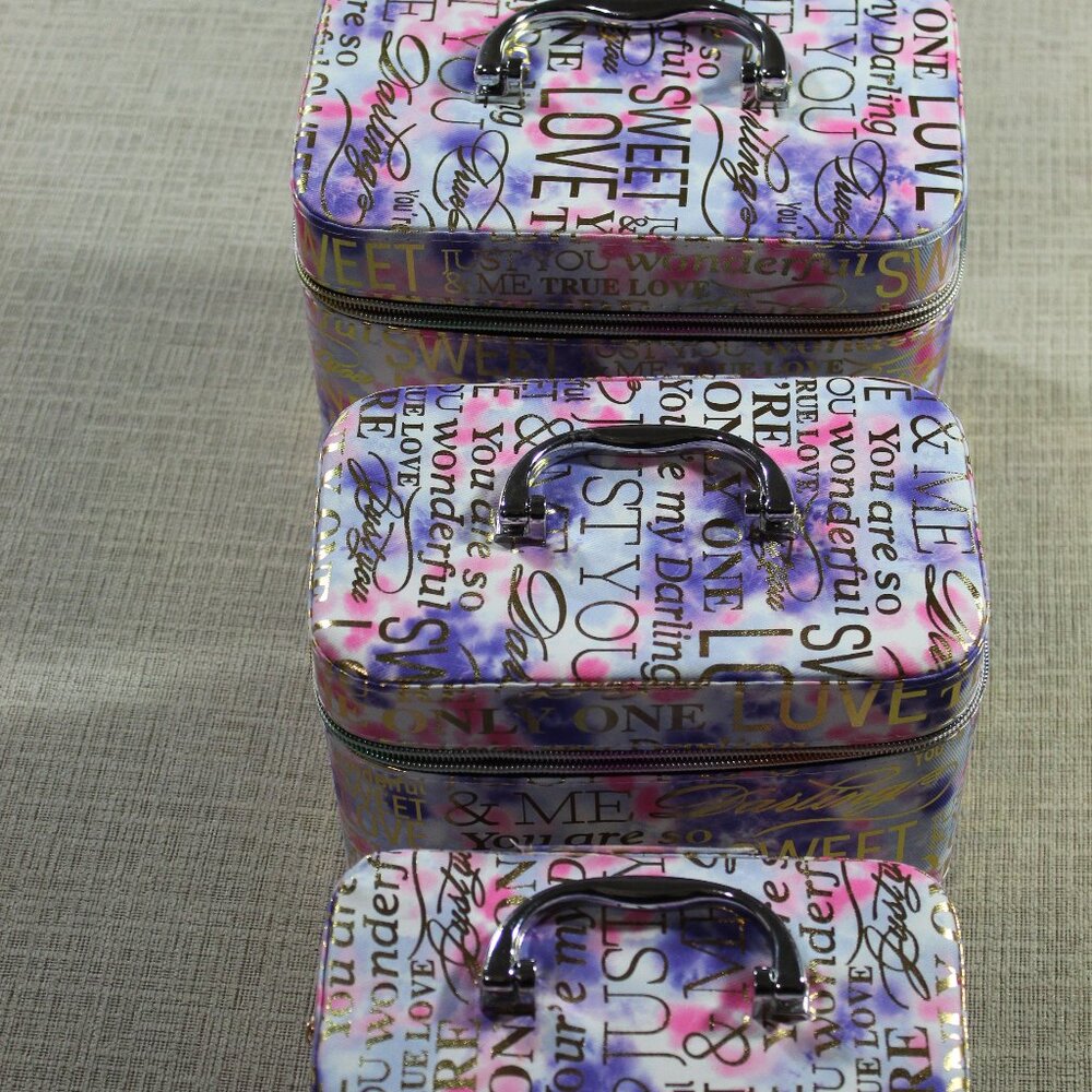 NWOT Set of 3 "Sweet Love" Pink and Purple Tie Dye Nesting Boxes with Handles